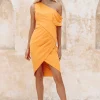 Lavish Alice Celine One Shoulder Pleat Detail Midi Dress In Orange Cheap