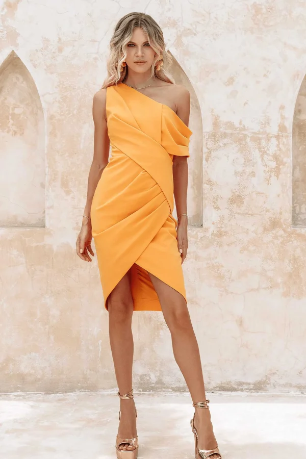 Lavish Alice Celine One Shoulder Pleat Detail Midi Dress In Orange Cheap