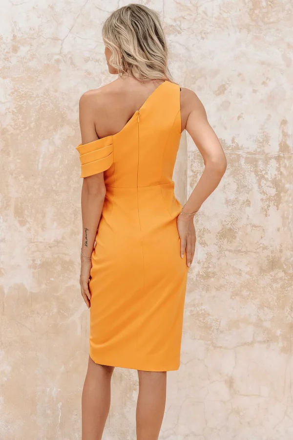 Lavish Alice Celine One Shoulder Pleat Detail Midi Dress In Orange Cheap