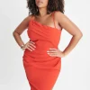 Lavish Alice Chantelle Curve Asymmetric Pleat Midi Dress In Coral Red Clearance