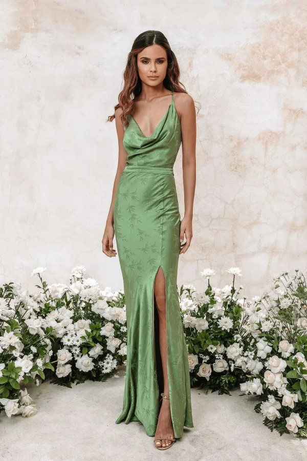 Lavish Alice Daniella Satin Jaquard Cowl Neck Maxi Dress In Green Hot