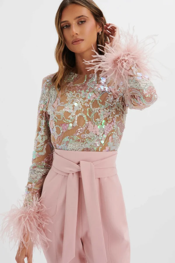 Lavish Alice Delia Embellished Feather Cuff Jumpsuit In Pink Clearance