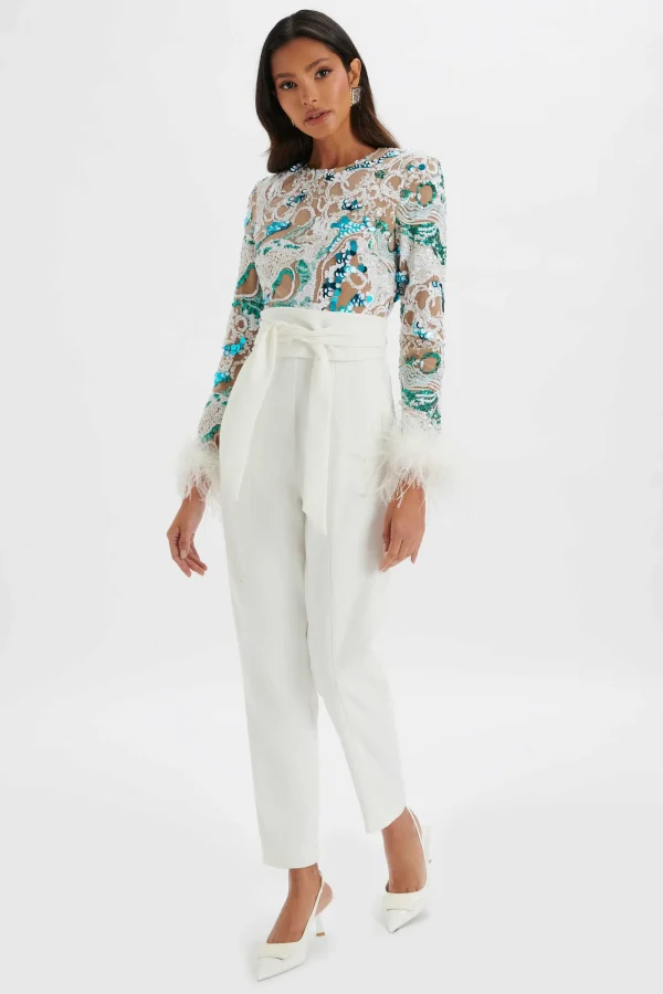 Lavish Alice Delia Embellished Feather Cuff Jumpsuit In White New