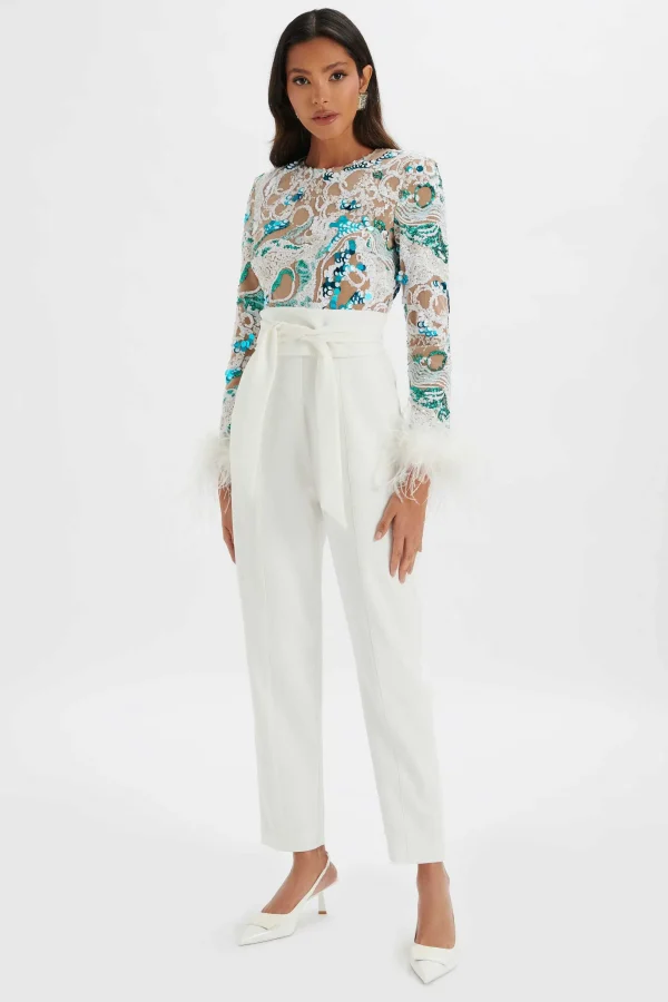 Lavish Alice Delia Embellished Feather Cuff Jumpsuit In White New