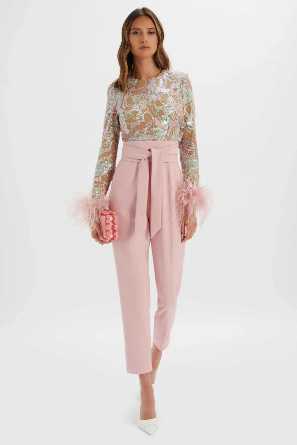 Lavish Alice Delia Embellished Feather Cuff Jumpsuit In Pink Clearance