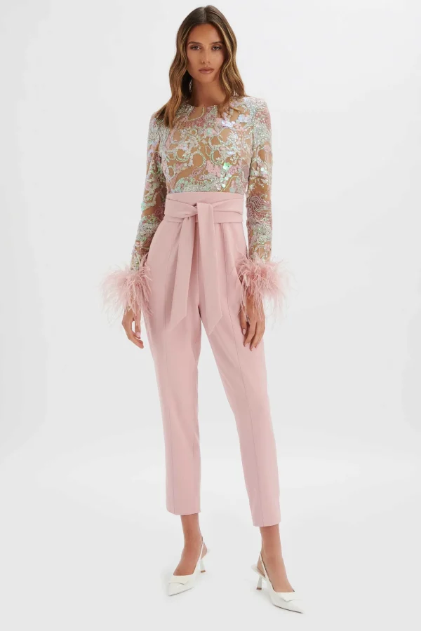 Lavish Alice Delia Embellished Feather Cuff Jumpsuit In Pink Clearance