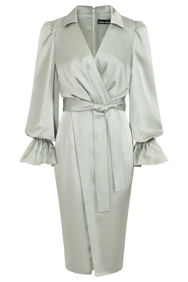 Lavish Alice Elise Satin Wrap Shirt Dress In Sage Store