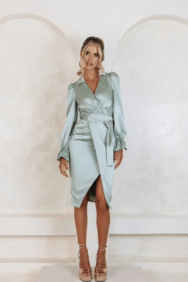 Lavish Alice Elise Satin Wrap Shirt Dress In Sage Store