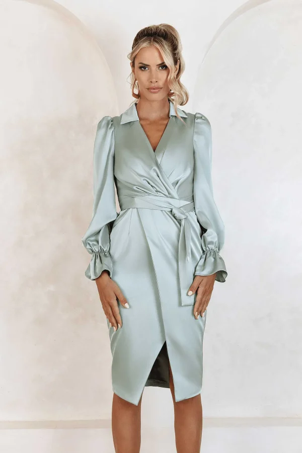 Lavish Alice Elise Satin Wrap Shirt Dress In Sage Store