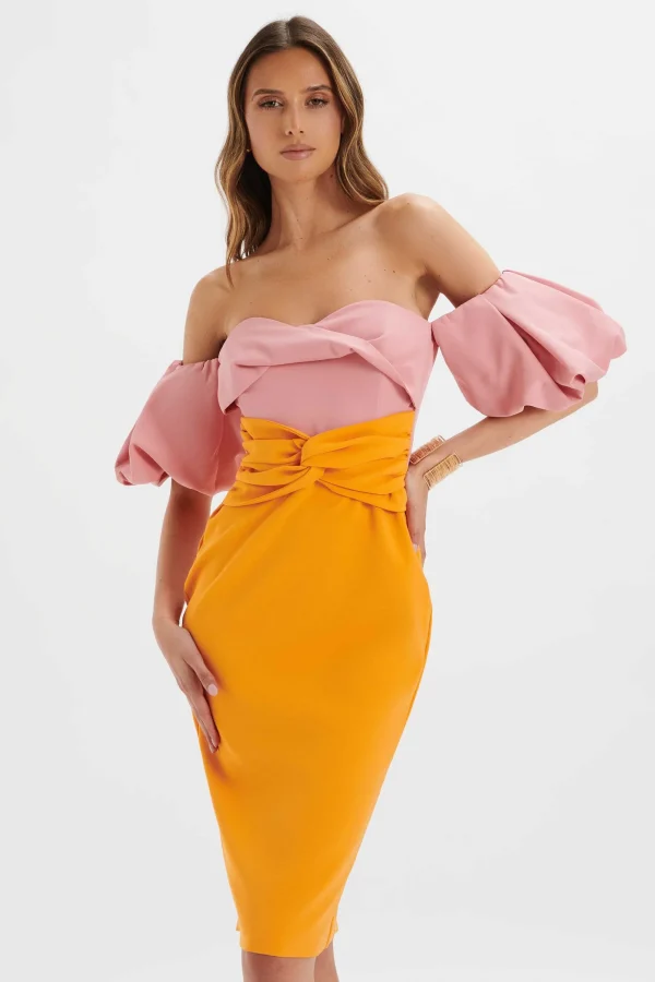 Lavish Alice Eliza Colour Block Twisted Midi Dress In Pink & Papaya Best Sale