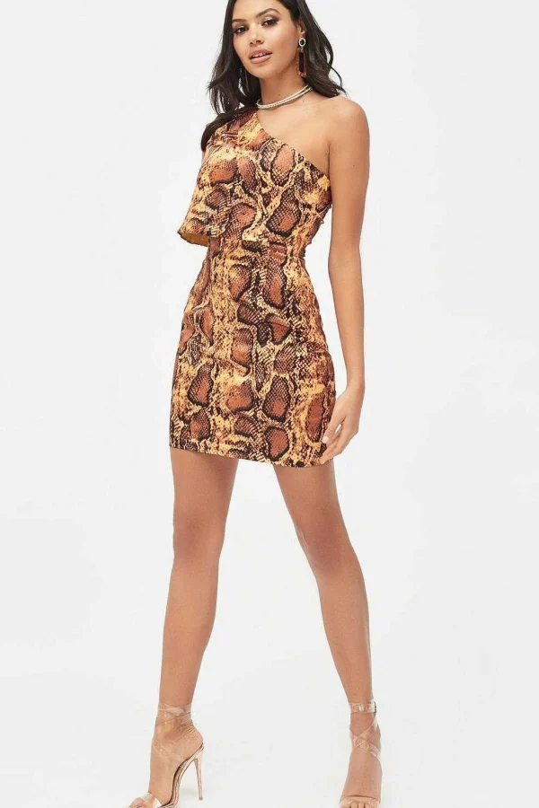 Lavish Alice Emilia Satin One Shoulder Cape Mini Dress In Golden Yellow Snake Print Online