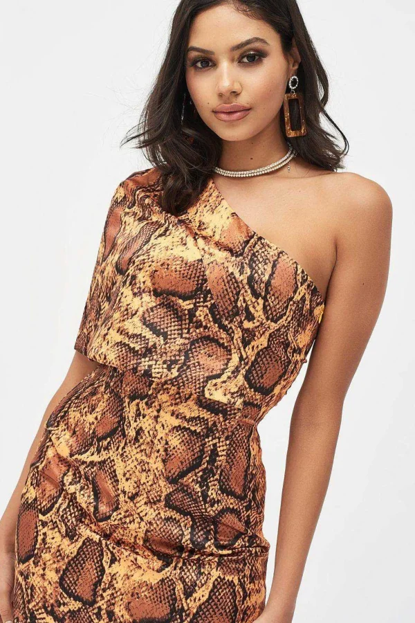 Lavish Alice Emilia Satin One Shoulder Cape Mini Dress In Golden Yellow Snake Print Online