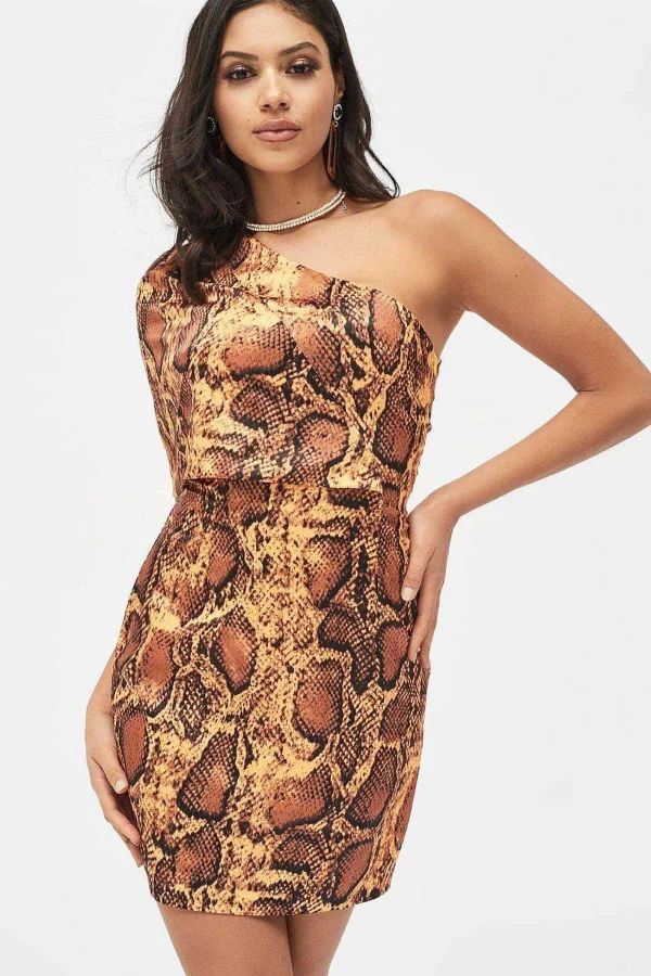 Lavish Alice Emilia Satin One Shoulder Cape Mini Dress In Golden Yellow Snake Print Online