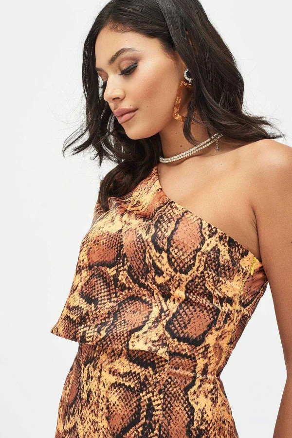 Lavish Alice Emilia Satin One Shoulder Cape Mini Dress In Golden Yellow Snake Print Online