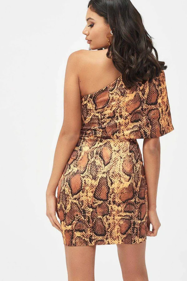 Lavish Alice Emilia Satin One Shoulder Cape Mini Dress In Golden Yellow Snake Print Online