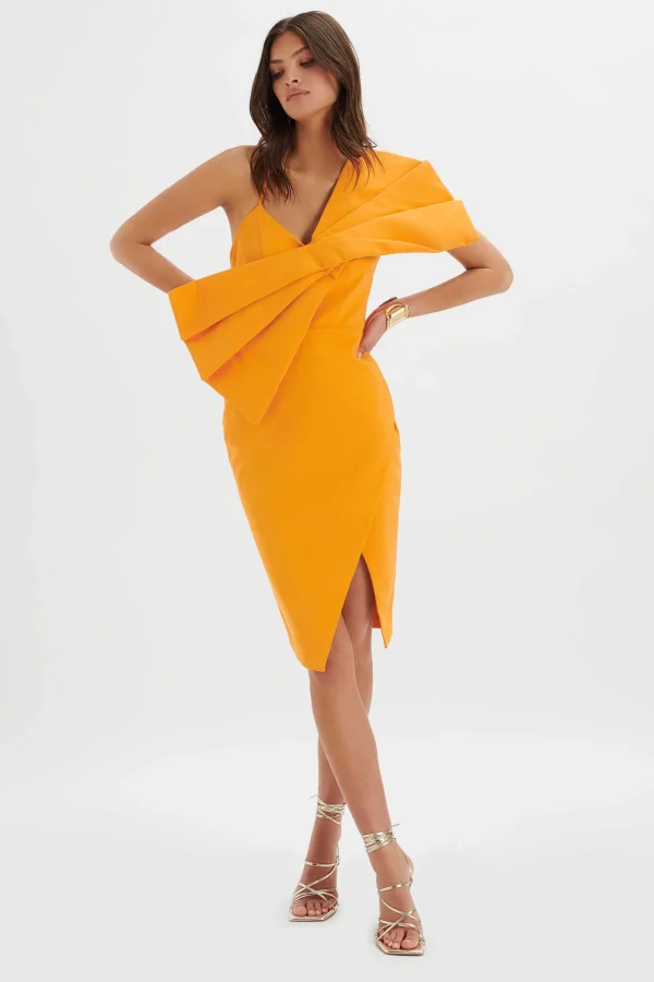 Lavish Alice Esther Bow Detail Wrap Skirt Midi Dress In Orange Discount