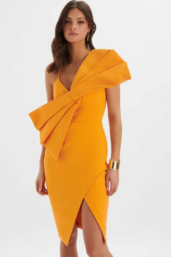 Lavish Alice Esther Bow Detail Wrap Skirt Midi Dress In Orange Discount