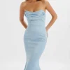 Lavish Alice Freya Bonded Satin Cowl Neck Maxi Dress In Dusty Blue Flash Sale