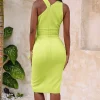 Lavish Alice Gwendolyn Cross Neck Pleat Waist Midi Dress In Chartreuse Fashion