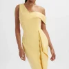 Lavish Alice Hannah Pleated Asymmetric Off Shoulder Midi Dress In Pastel Yellow Outlet