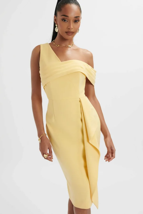 Lavish Alice Hannah Pleated Asymmetric Off Shoulder Midi Dress In Pastel Yellow Outlet