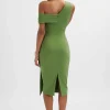 Lavish Alice Hannah Pleated Asymmetric Off Shoulder Midi Dress In Green Cheap