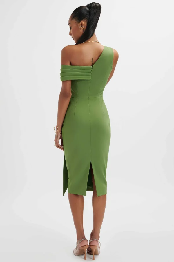 Lavish Alice Hannah Pleated Asymmetric Off Shoulder Midi Dress In Green Cheap