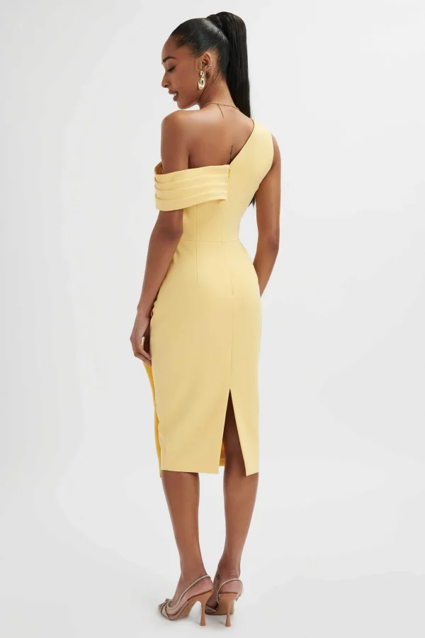 Lavish Alice Hannah Pleated Asymmetric Off Shoulder Midi Dress In Pastel Yellow Outlet