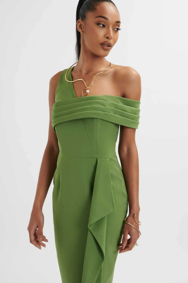 Lavish Alice Hannah Pleated Asymmetric Off Shoulder Midi Dress In Green Cheap