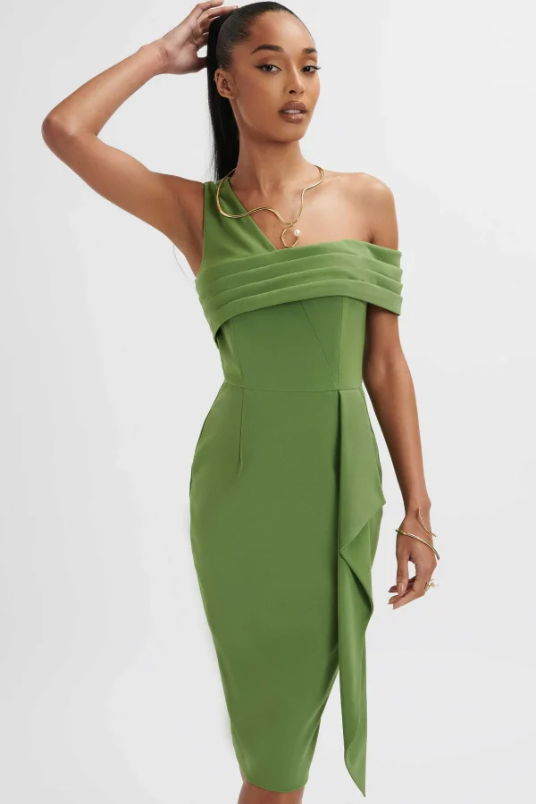 Lavish Alice Hannah Pleated Asymmetric Off Shoulder Midi Dress In Green Cheap