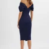 Lavish Alice Harleen Draped Bardot Bonded Satin Midi Dress In Navy Online