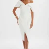 Lavish Alice Harleen Draped Bardot Bonded Satin Midi Dress In White Store