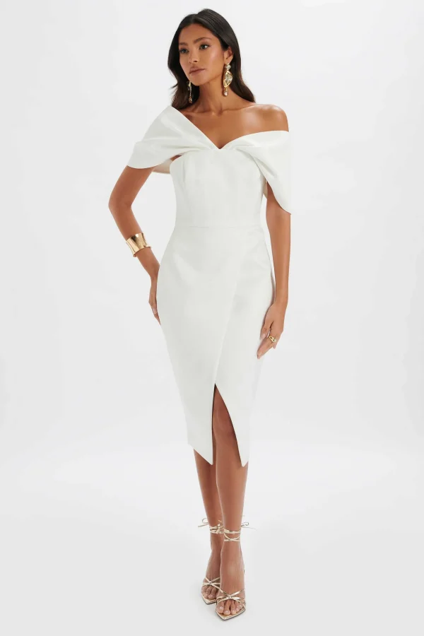 Lavish Alice Harleen Draped Bardot Bonded Satin Midi Dress In White Store