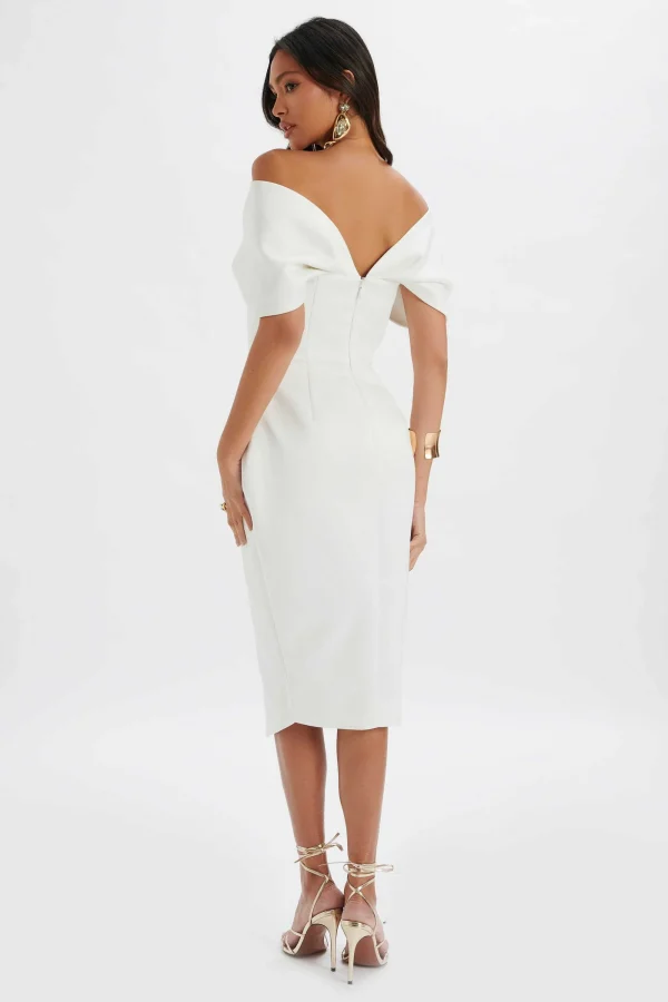 Lavish Alice Harleen Draped Bardot Bonded Satin Midi Dress In White Store