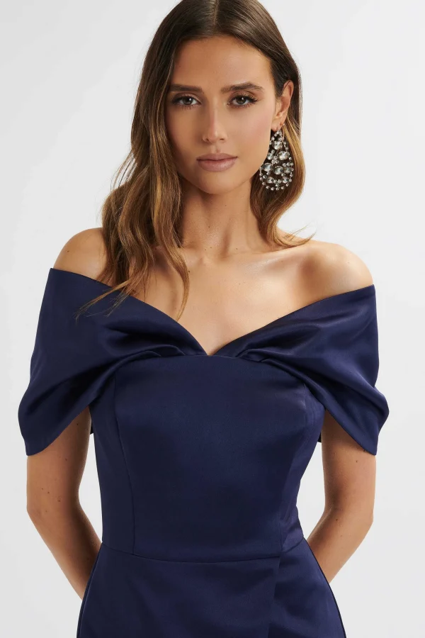 Lavish Alice Harleen Draped Bardot Bonded Satin Midi Dress In Navy Online