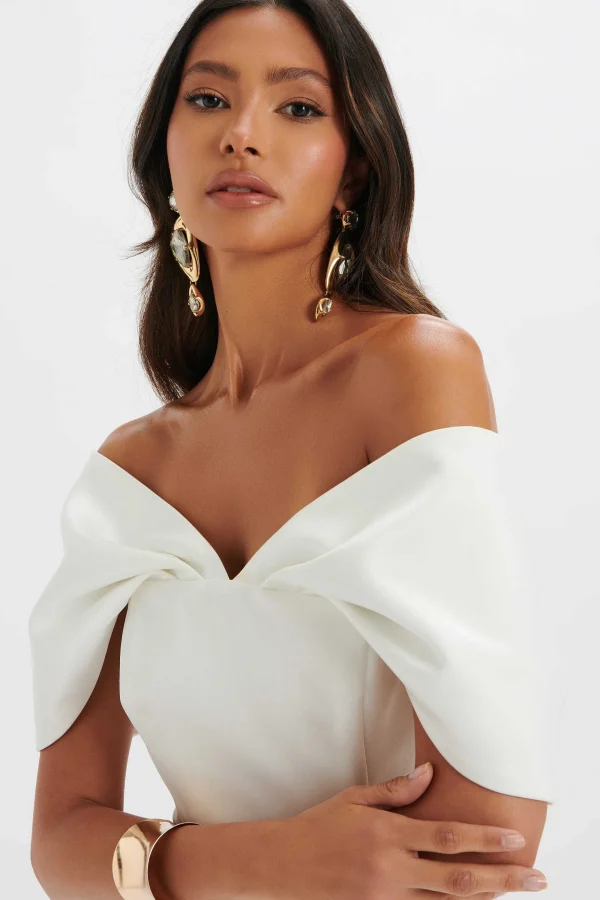 Lavish Alice Harleen Draped Bardot Bonded Satin Midi Dress In White Store