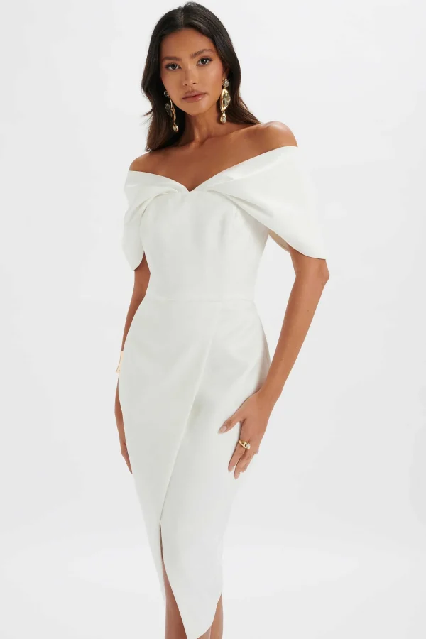 Lavish Alice Harleen Draped Bardot Bonded Satin Midi Dress In White Store