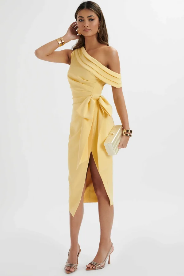 Lavish Alice Honey Asymmetric Pleated Bow Midi Dress In Pastel Yellow Cheap