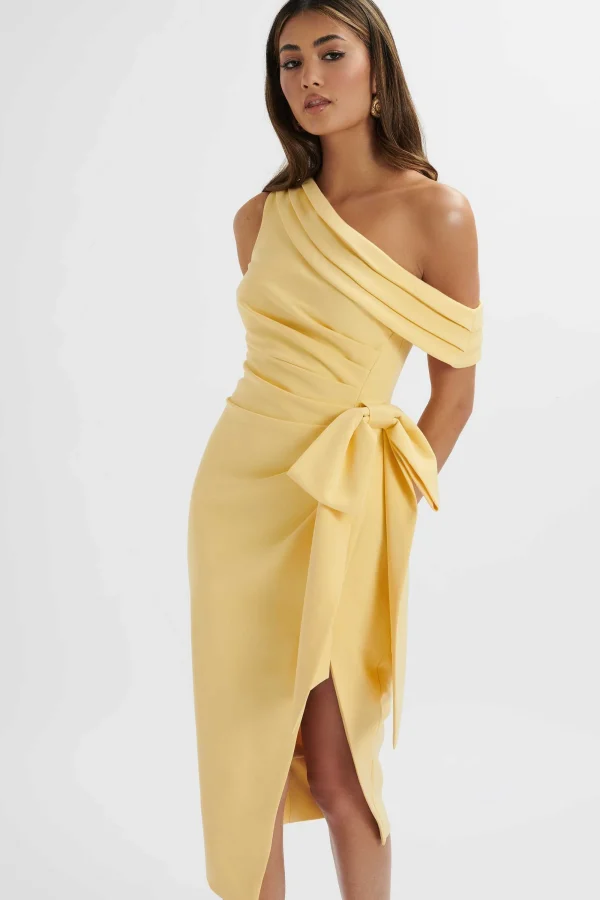 Lavish Alice Honey Asymmetric Pleated Bow Midi Dress In Pastel Yellow Cheap