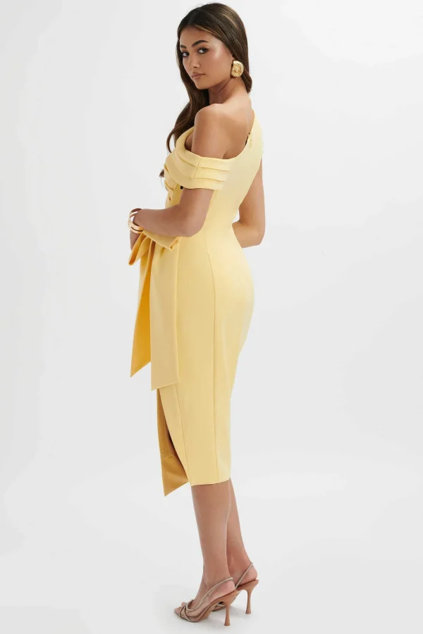 Lavish Alice Honey Asymmetric Pleated Bow Midi Dress In Pastel Yellow Cheap