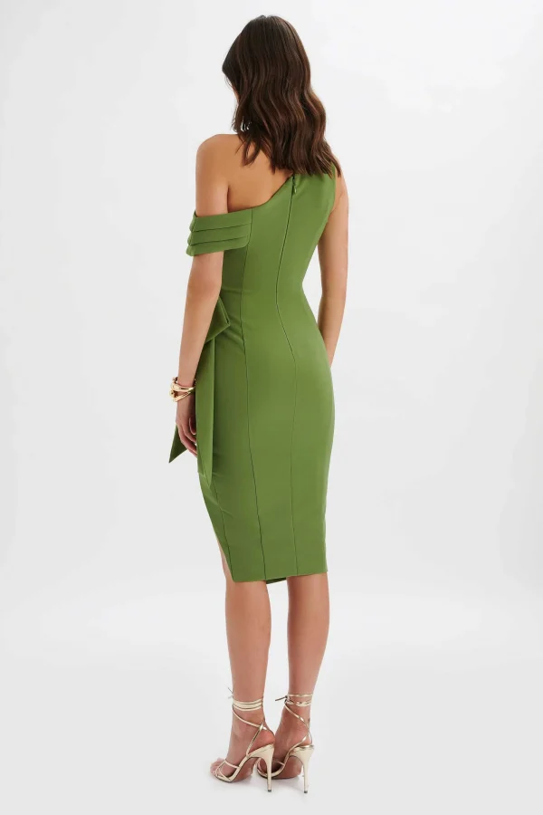 Lavish Alice Honey Asymmetric Pleated Bow Midi Dress In Green Store