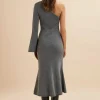 Lavish Alice Huda Knitted Asymmetric Fit & Flare Midi Dress In Grey Clearance