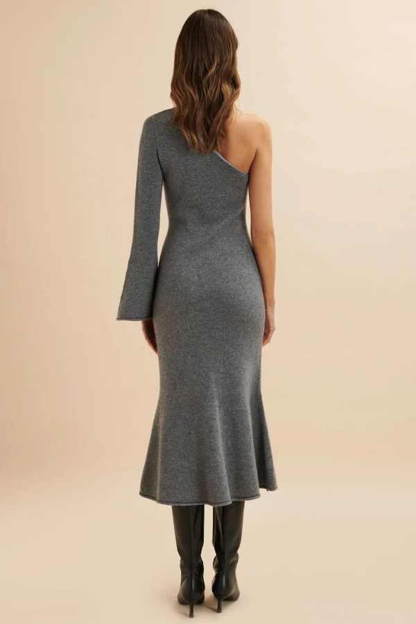 Lavish Alice Huda Knitted Asymmetric Fit & Flare Midi Dress In Grey Clearance