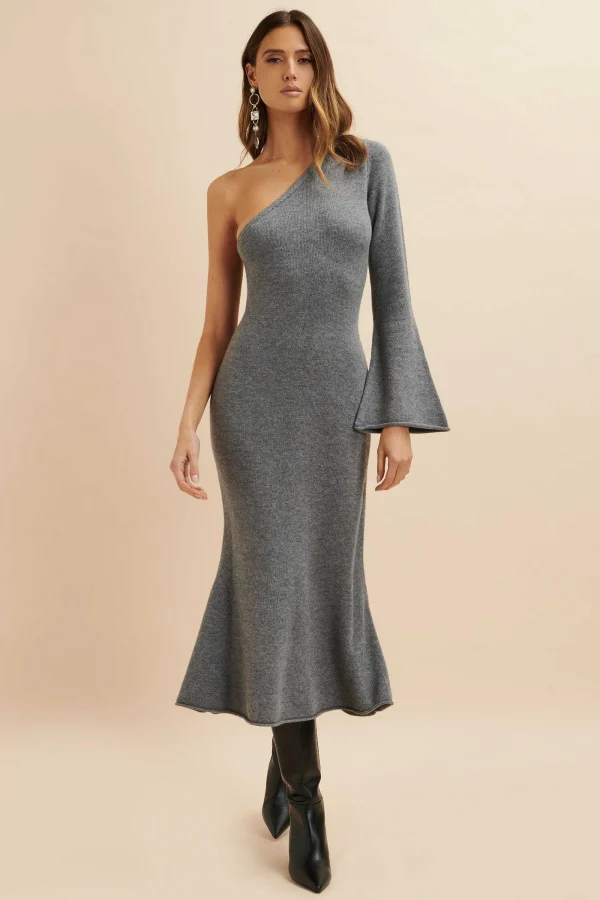 Lavish Alice Huda Knitted Asymmetric Fit & Flare Midi Dress In Grey Clearance