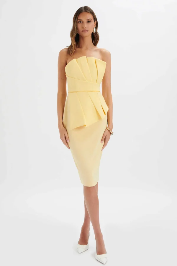 Lavish Alice Imogene Asymmetric Pleated Frill Detail Midi Dress In Butter Yellow Flash Sale