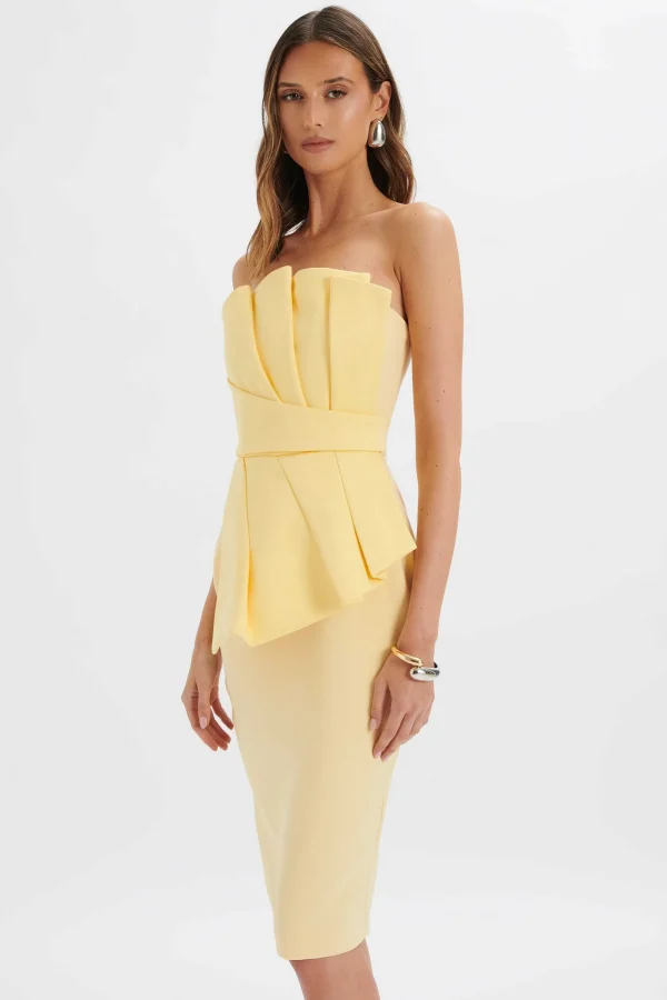 Lavish Alice Imogene Asymmetric Pleated Frill Detail Midi Dress In Butter Yellow Flash Sale