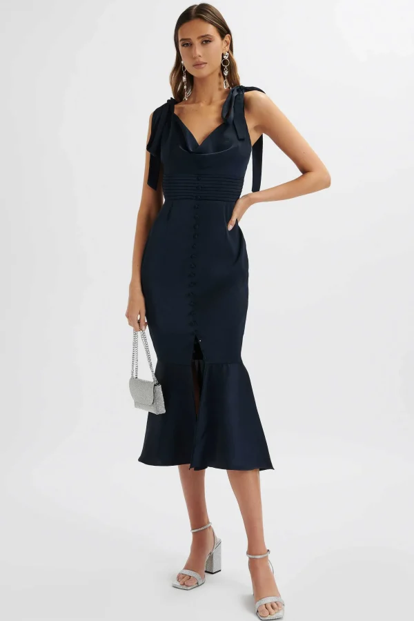 Lavish Alice Indie Satin Cowl Neck Micro Button Longline Midi Dress In Navy Hot