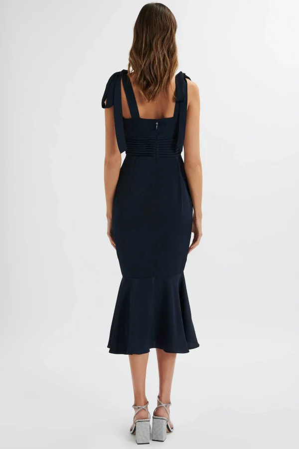 Lavish Alice Indie Satin Cowl Neck Micro Button Longline Midi Dress In Navy Hot