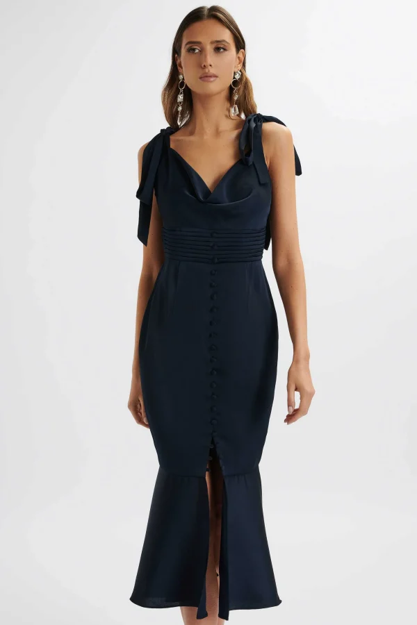 Lavish Alice Indie Satin Cowl Neck Micro Button Longline Midi Dress In Navy Hot