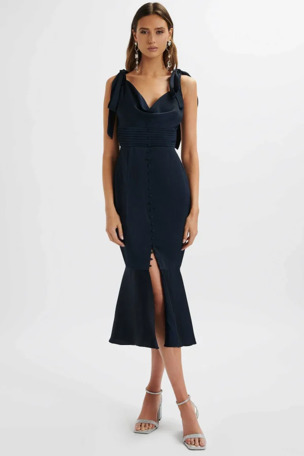 Lavish Alice Indie Satin Cowl Neck Micro Button Longline Midi Dress In Navy Hot